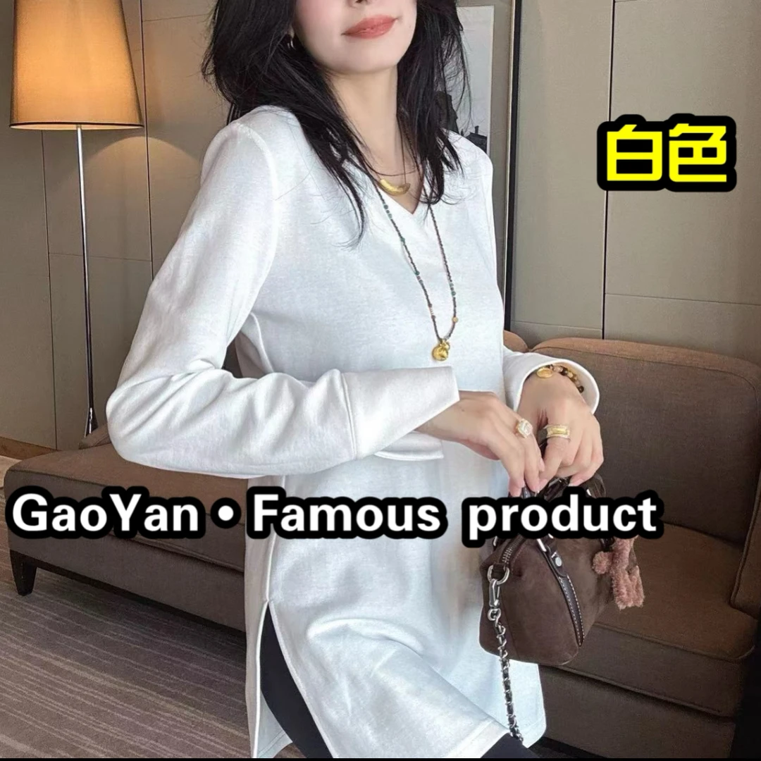 【九月】超极简纯色静版V领T恤修身显瘦两侧开衩独特袖口设计百搭