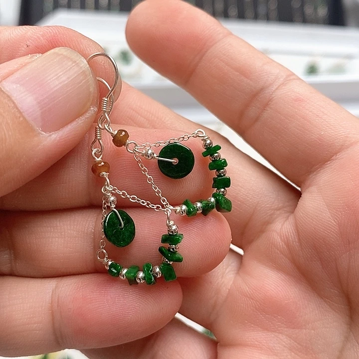 世***那翡翠银S925镶嵌耳饰