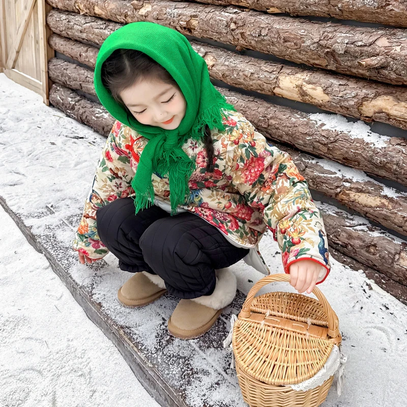 女童冬装两件套洋气碎花民族风厚款公主风女棉袄棉服童装冬季连帽