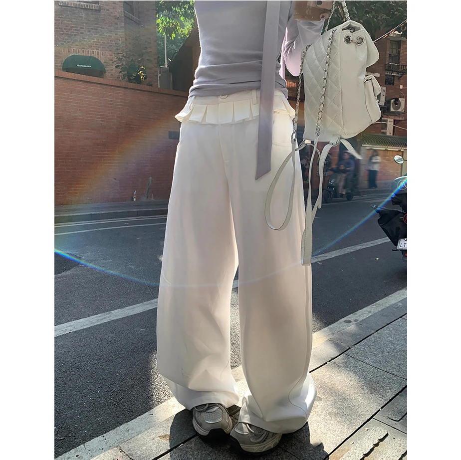 白色直筒休闲裤女小花边设计感春季新款高腰宽松阔腿拖地裤