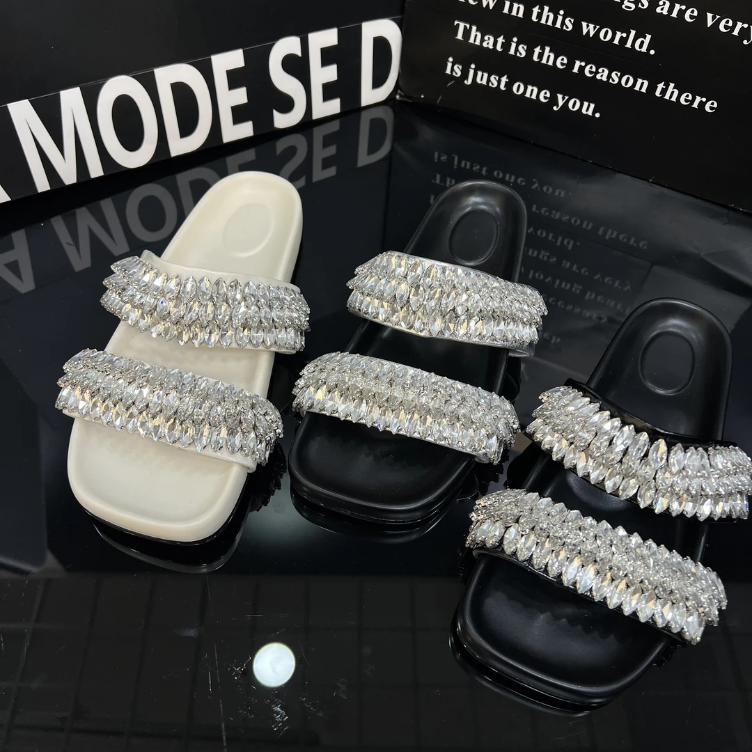 【现货】欧美风时尚水钻真皮一字凉拖鞋2025夏季新品外穿拖鞋169-19