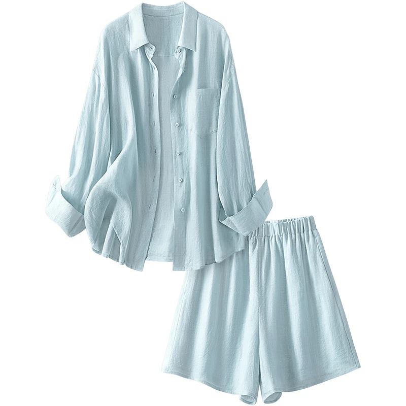 【苎麻套装】丝柏舍清新海盐蓝衬衫短裤两件套夏季女装S51R0451N