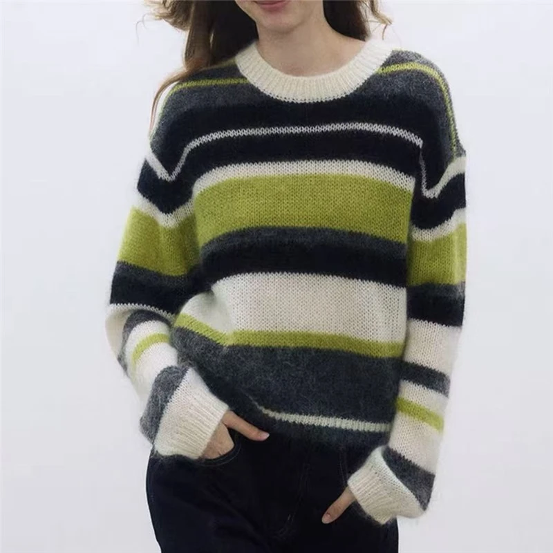 Q【慵懒绿灰调】软糯马海条纹拼色慵懒风时尚穿搭针织衫毛衣