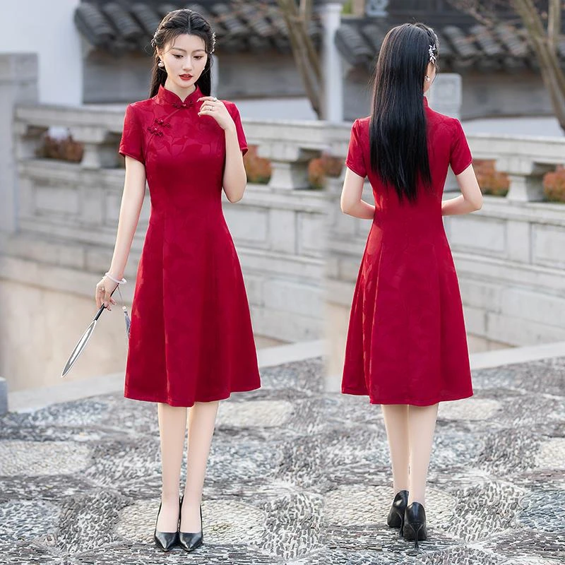 中考送考红色旗袍中国风高档醋酸提花改良新中式女款气质连衣裙