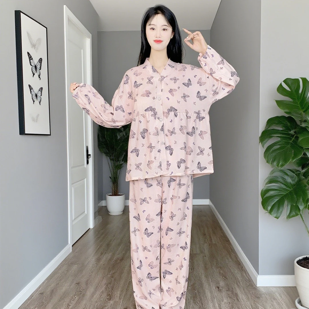 睡衣女春秋2025新款开衫不带胸垫云朵棉家居服套装学生可外穿Y172
