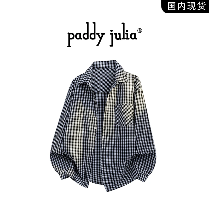 Paddy julia美式格纹衬衫男款春秋季长袖休闲外穿衬衣服外套男装