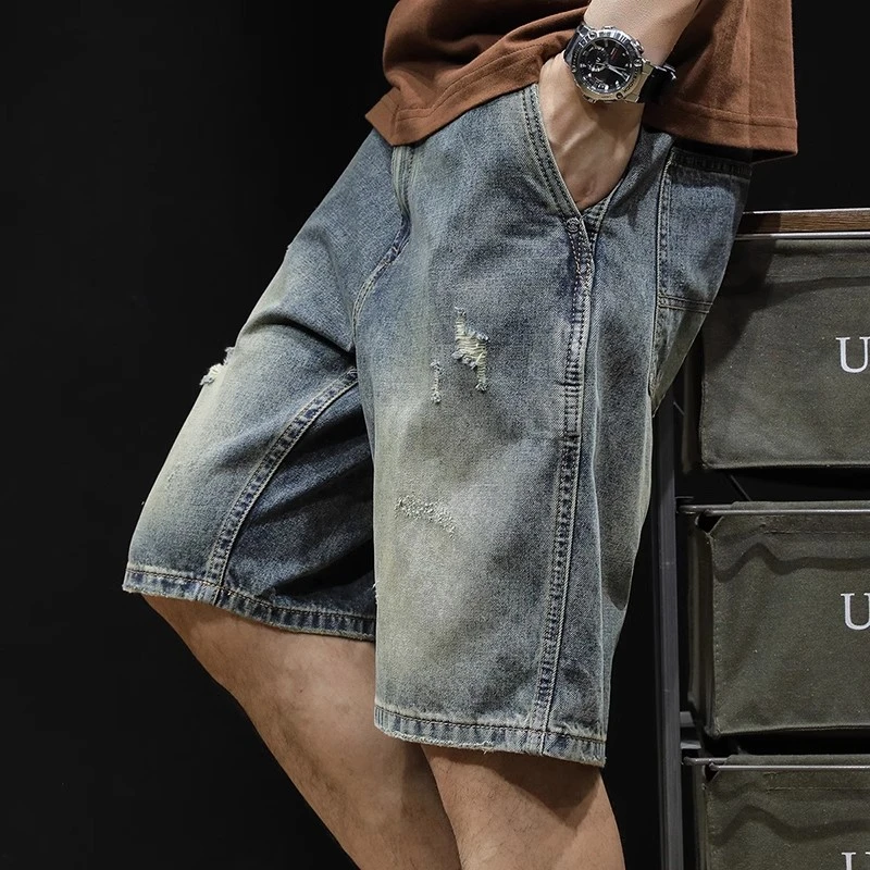 破洞牛仔短裤男士五分裤夏季复古潮牌2025新款宽松大码5分裤子男