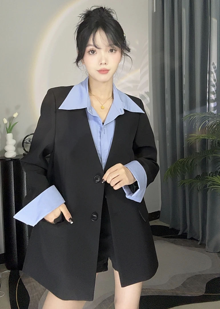 【尤希】韩版设计感秋季长袖西服百搭通勤假两件新款休闲风