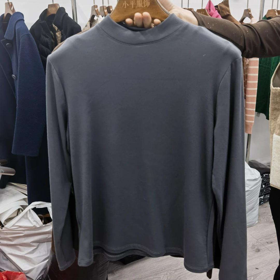 秋冬新潮风包袖圆领时尚黑色百搭半高领长袖纯色螺纹T恤修身保暖