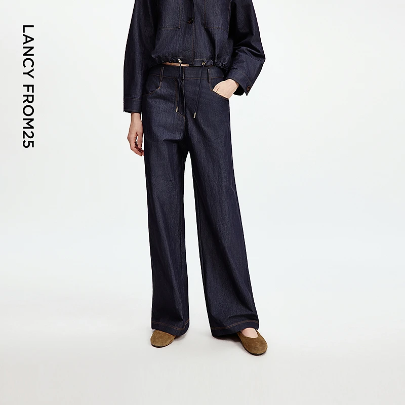 朗姿高腰轻薄阔腿裤复古风直筒牛仔裤休闲通勤裤2025年秋季新款女