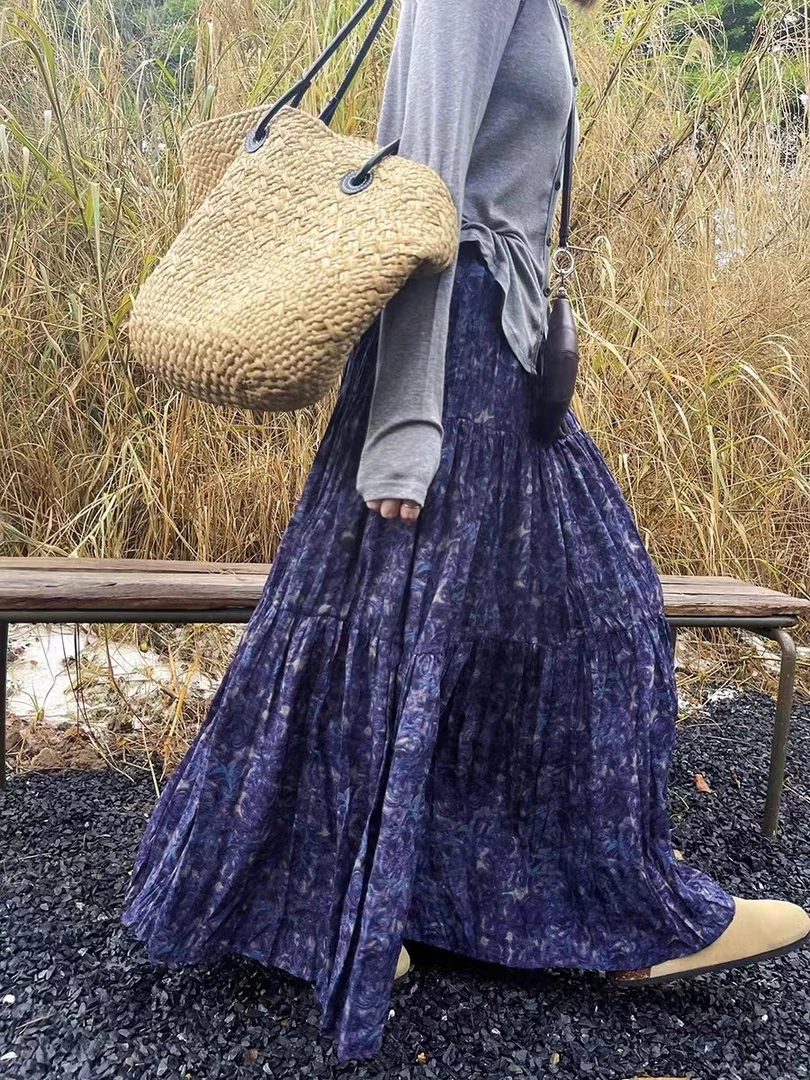 【蝴蝶】风姿优雅 夏季新款碎花高腰显瘦复古褶皱长裙057734