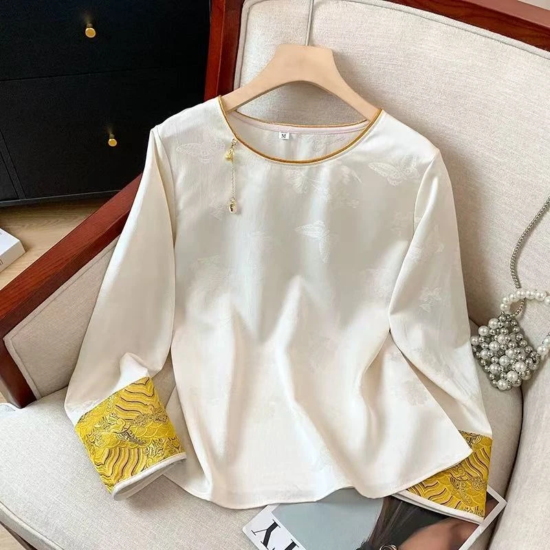 春季新中式国风圆领打底衫女时尚气质百搭复古长袖T恤女上衣潮流