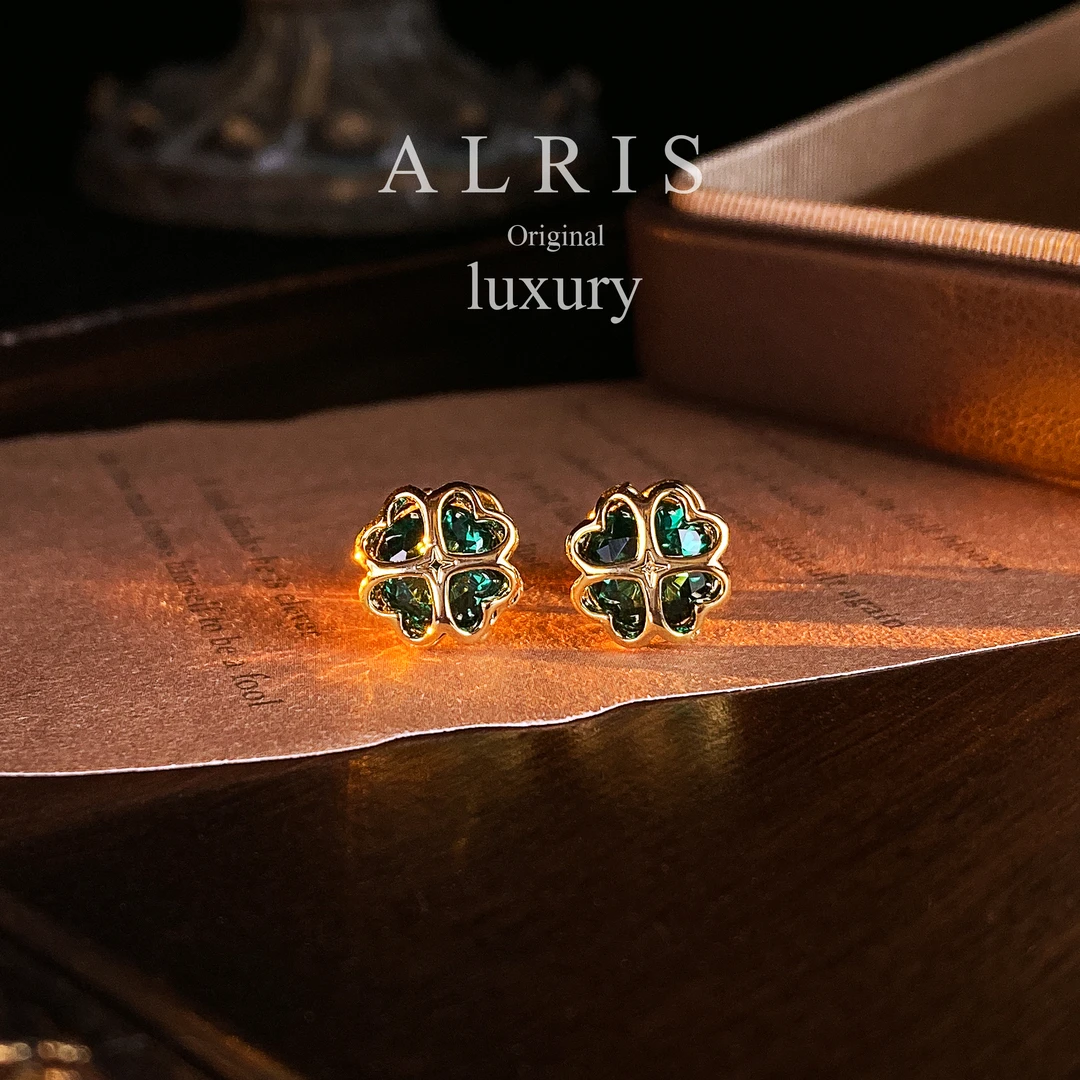 A1213法式经典绿色桃心四叶草耳钉明星同款饰品