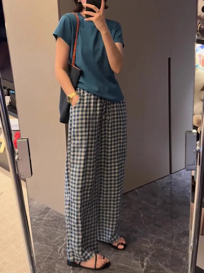 2025夏季薄款大码女装宽松格子直筒休闲裤梨形身材高腰阔腿拖地裤