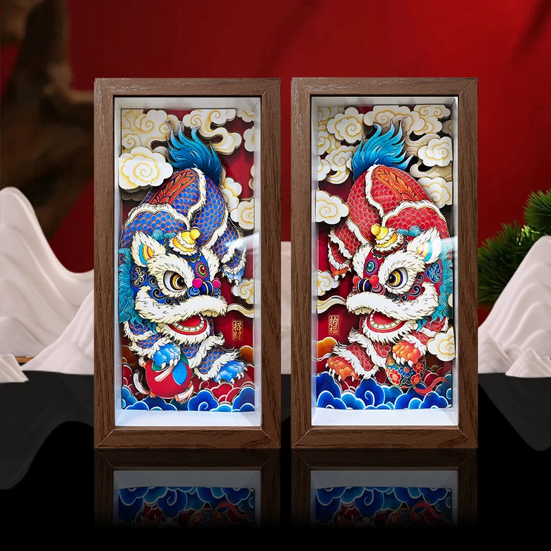 招财纳福狮子手工剪纸立体画桌面摆台礼品3D非遗文创伴手礼