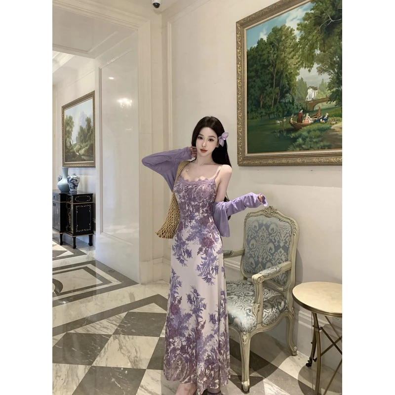 新中式国风紫色提花吊带连衣裙女夏季新款收腰显瘦气质开衫两件套