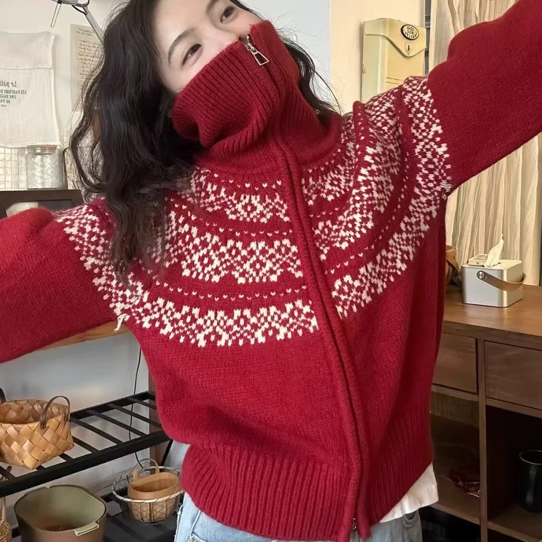 女士费尔岛拉链毛衣开衫外套