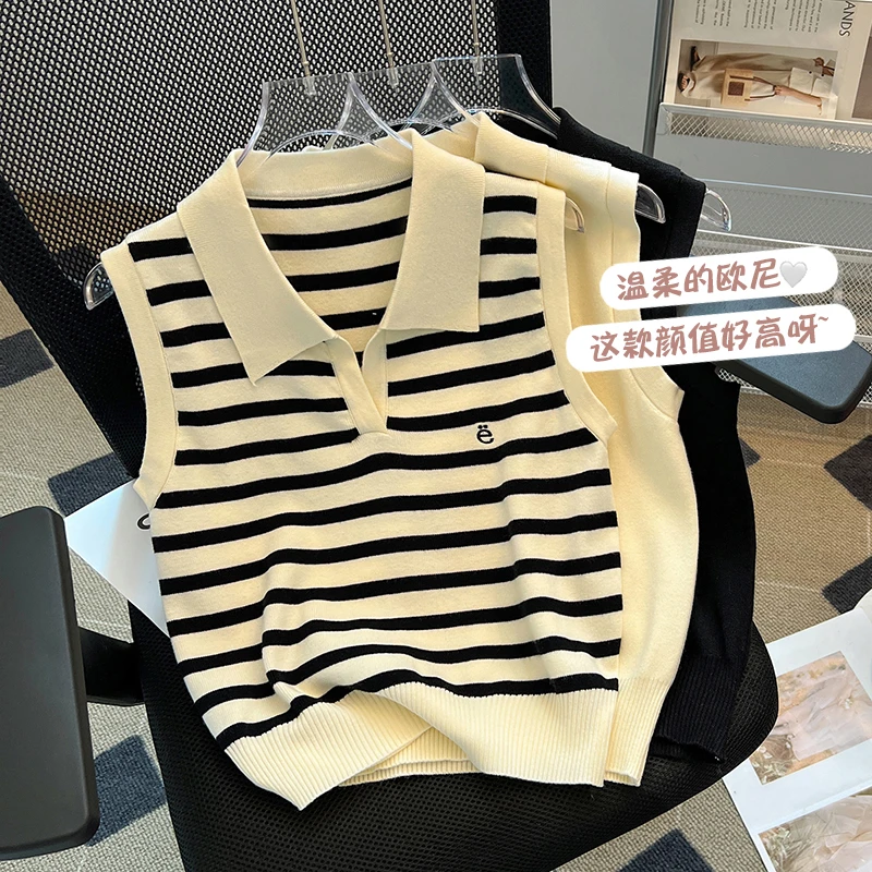 条纹刺绣针织背心女装夏季薄款冰丝上衣polo领洋气无袖内搭【5417】