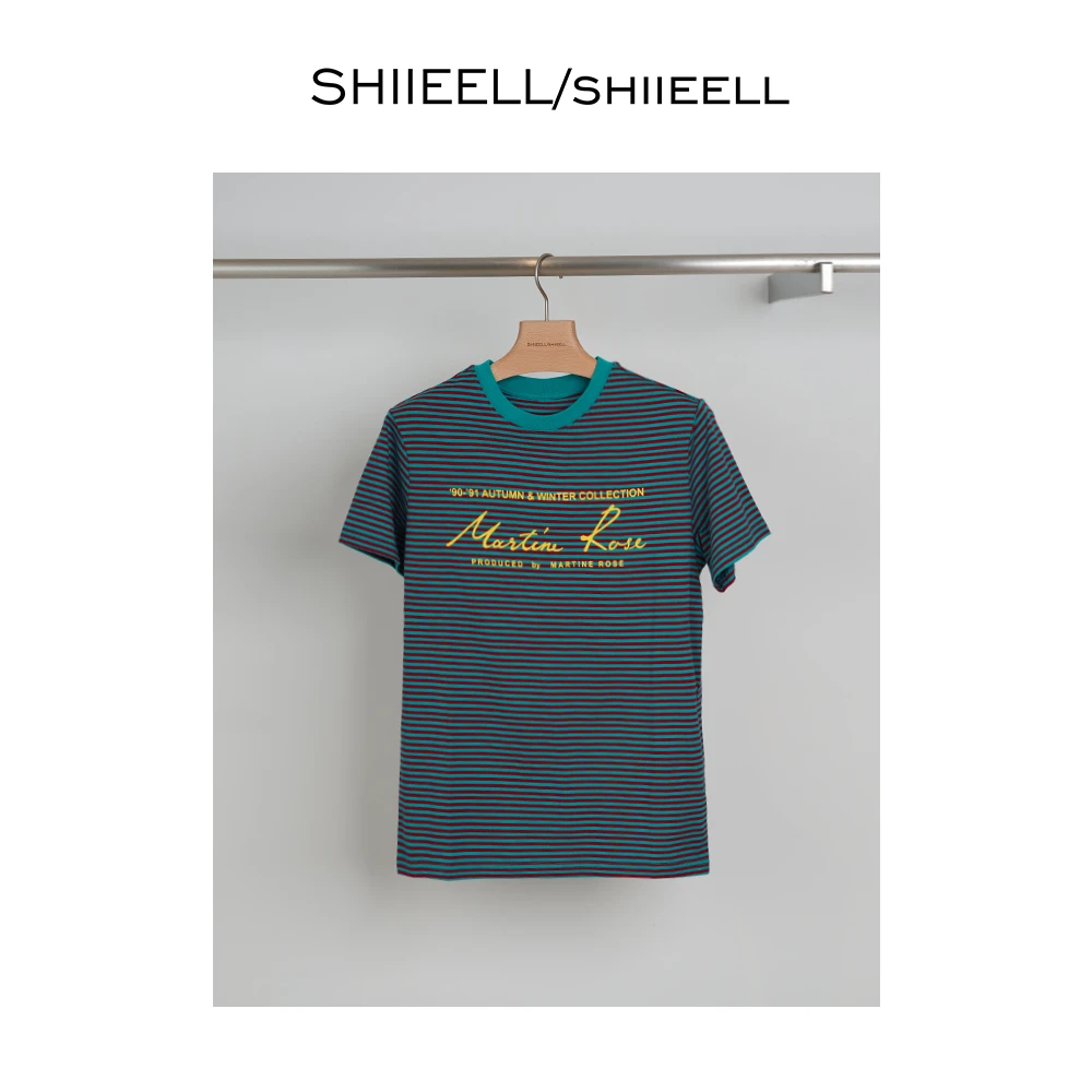 SHIIEELL拼接领条纹字母短袖T恤W4206