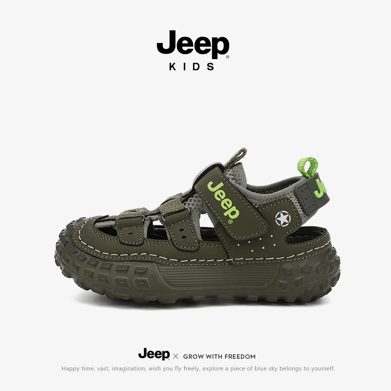 JEEP儿童运动凉鞋魔术贴夏季包头网面透气休闲鞋男女童防滑沙滩鞋