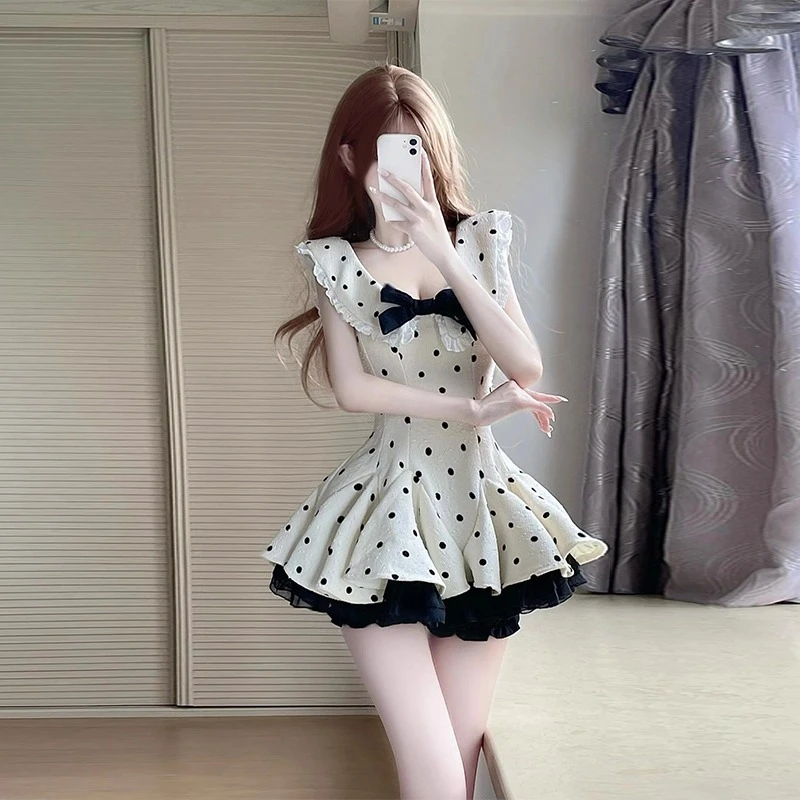 miu系千金风法式波点小飞袖连衣裙贵气感气质收腰美式辣妹穿搭