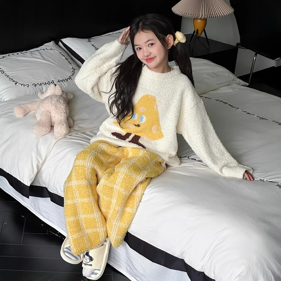 女童睡衣珊瑚绒2025新款初中生冬季加绒加厚套装女孩法兰绒家居服