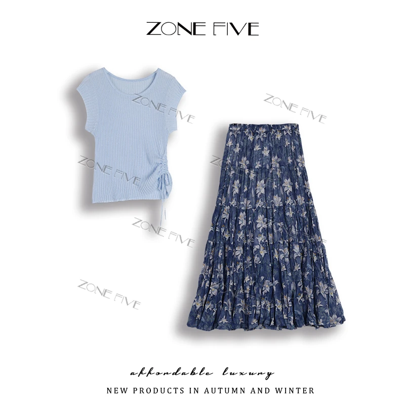 【zonefive】2025夏季新款欧若风针织上衣+碎花半身裙885