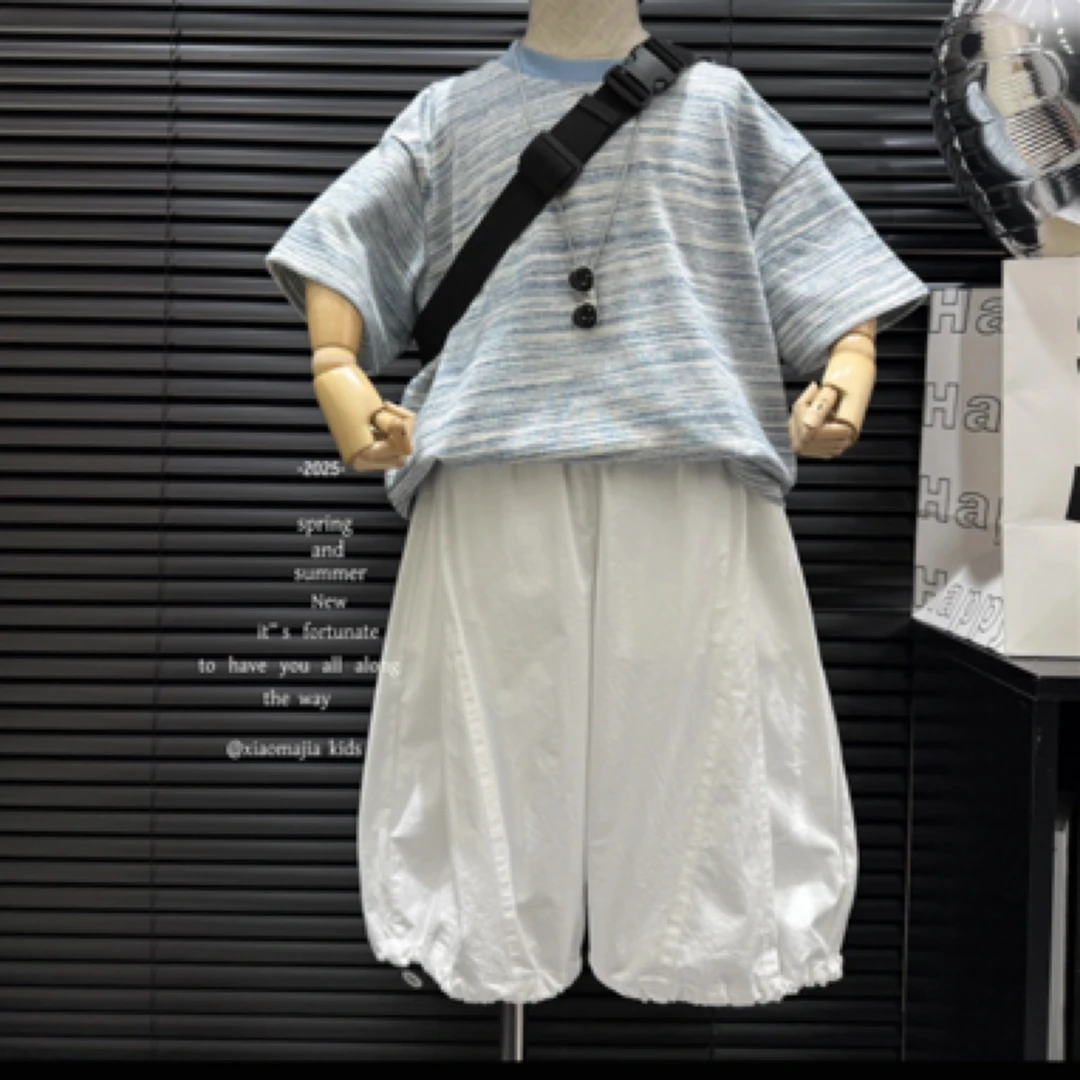 儿童夏季新款时尚条纹T恤欧若风穿搭宽松洋气男童女童上衣