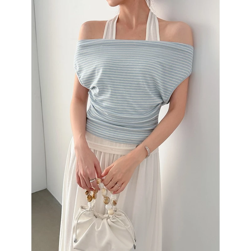 系气质撞色条纹假两件T恤女夏挂颈垂折领设计感短袖通勤显瘦上衣