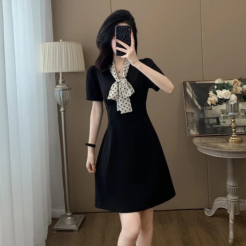 法式波点蝴蝶结连衣裙女夏季2025新款收腰显瘦小个子减龄高级感裙