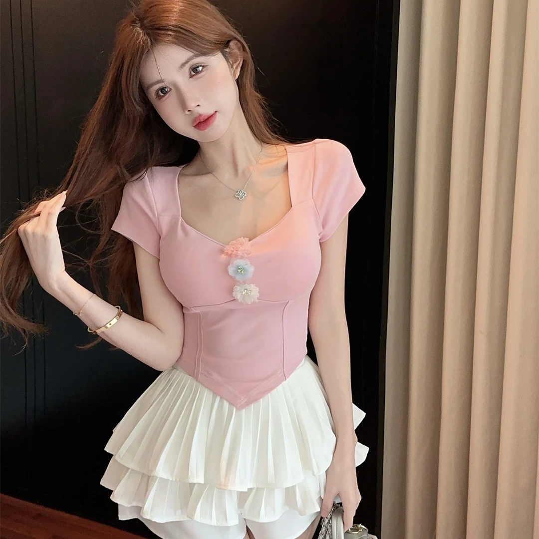 多巴胺花朵短袖t恤女夏季纯欲甜辣妹U领短款小飞袖上衣裙裤套装