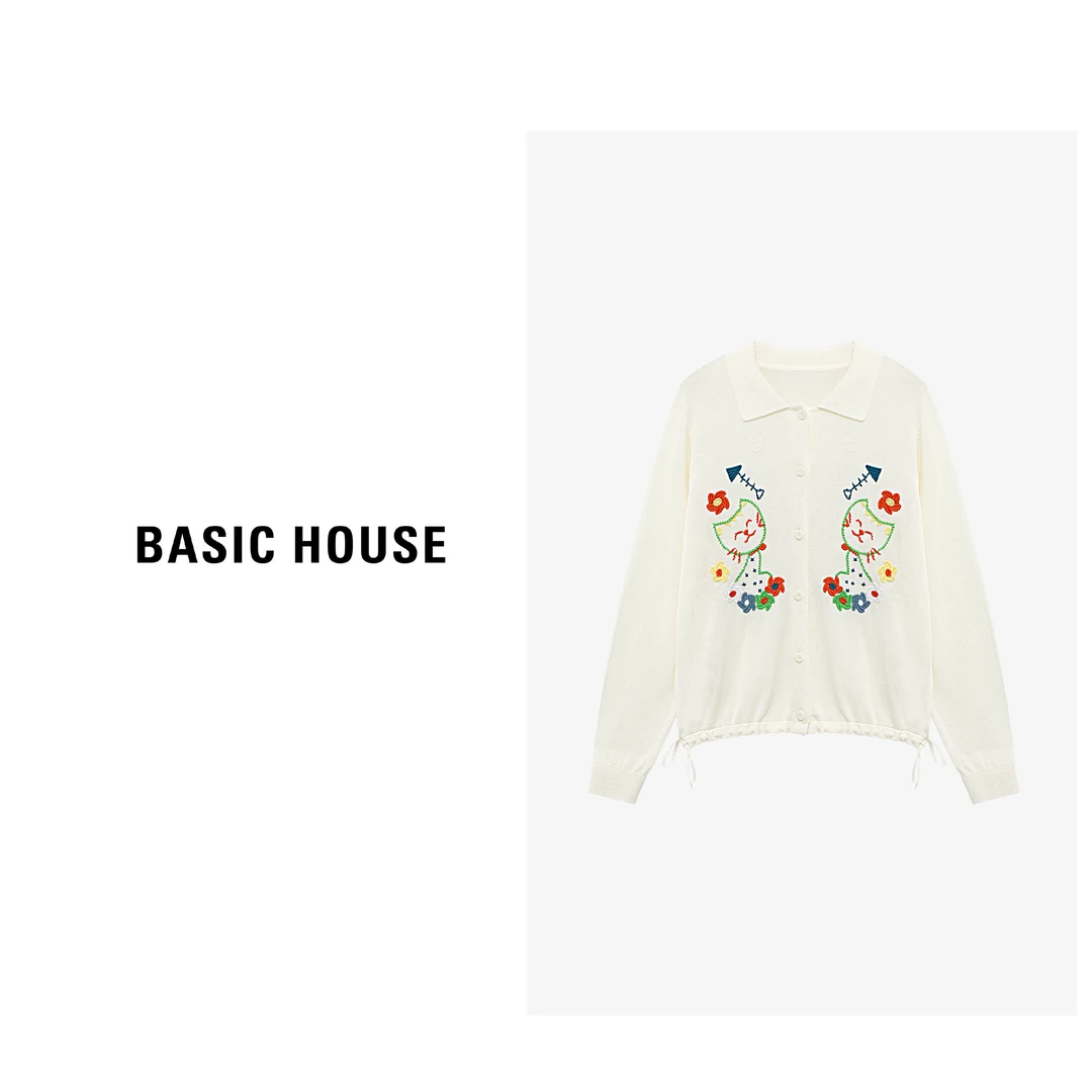 Basic House/百家好秋季新款时尚花花小猫翻领针织衫-B0625B5IKJ2