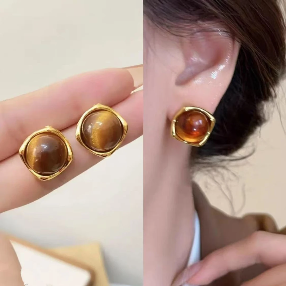 铜合金耳饰 焦糖~美拉德耳环女小众高级感耳钉复古气 W003