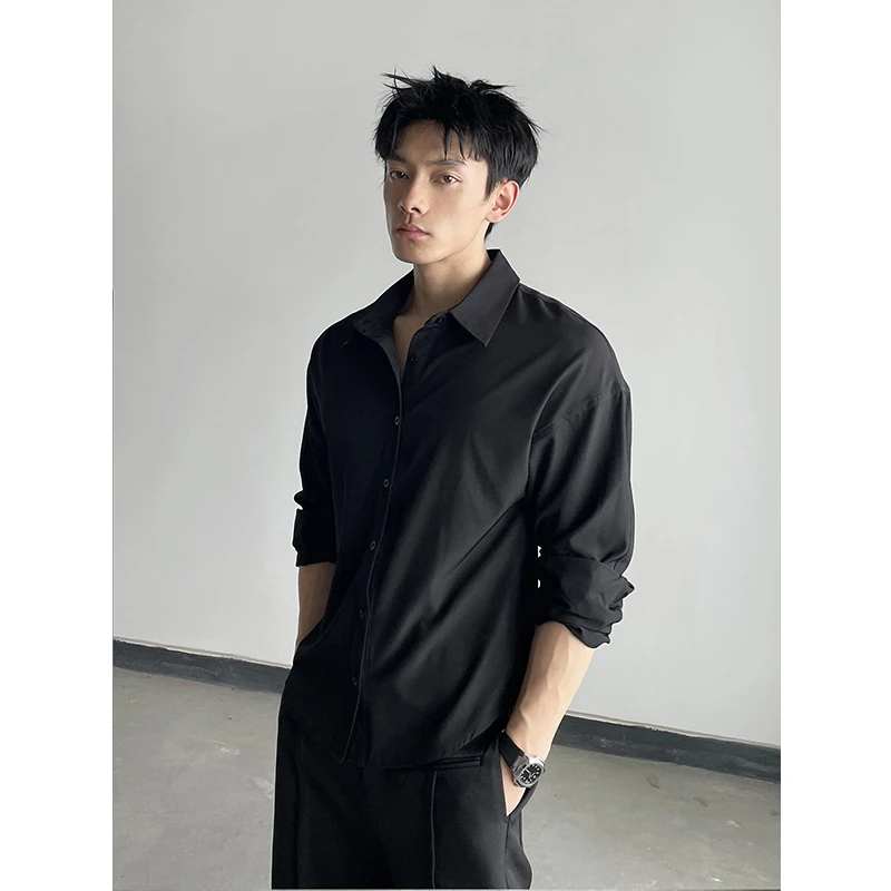黑色长袖衬衫男款秋季高级感痞帅美式纯色衬衣西装修身内搭薄外套