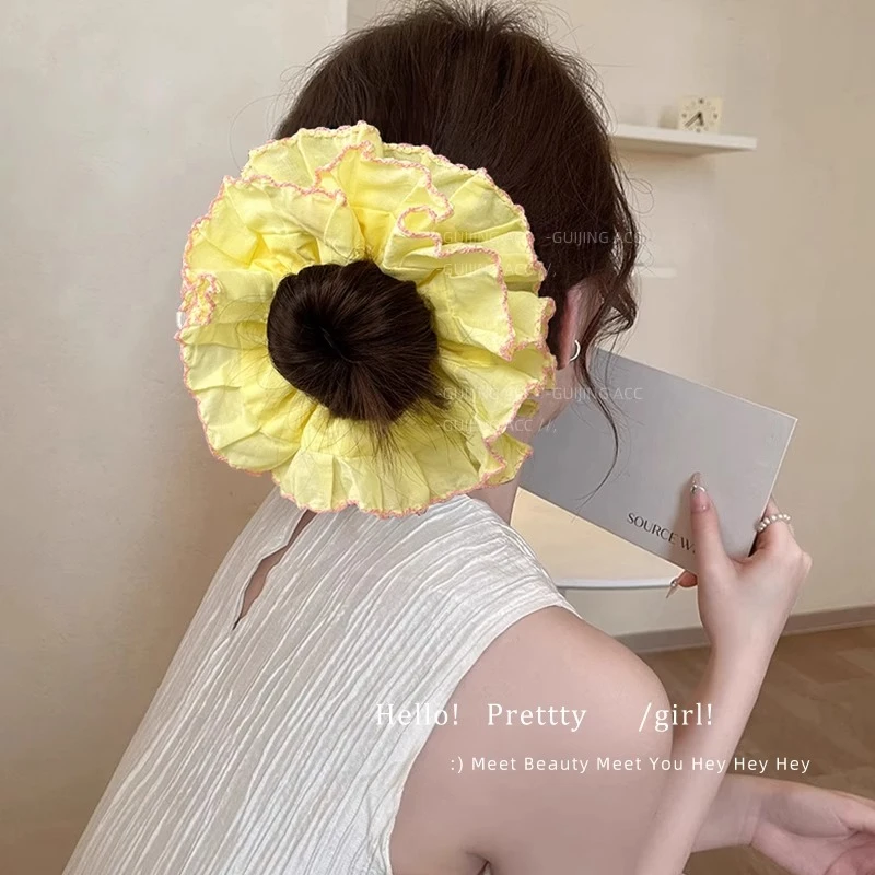 韩系奶油黄色蕾丝双层大肠发圈女超大号丸子头扎头发头绳皮筋头饰