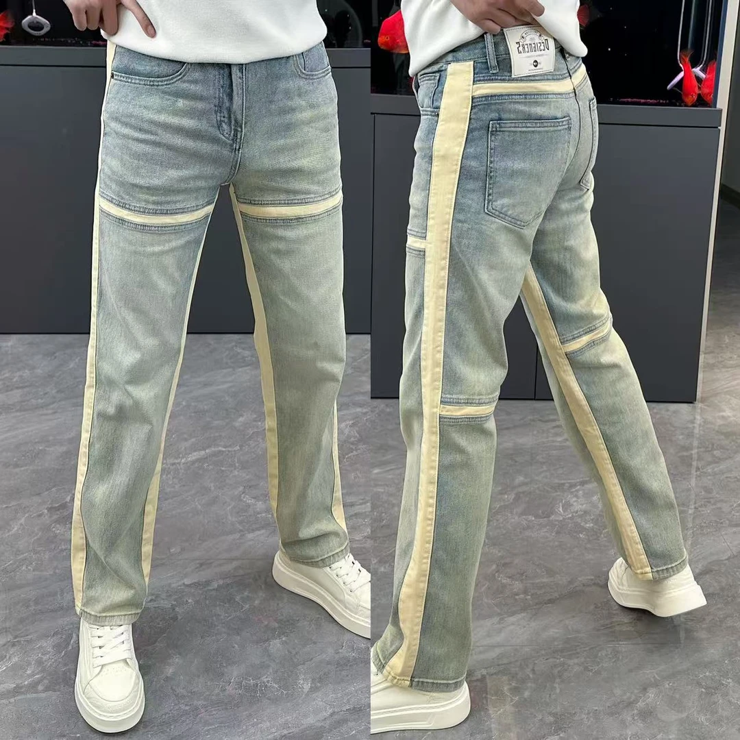 牛仔裤男秋季新款男裤条纹拼接修身直筒裤男时尚裤子男款秋冬款