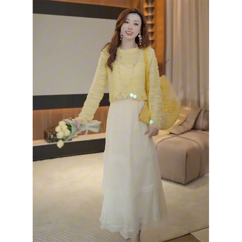 2025夏季时尚圆领长袖针织衫高腰网纱拼接半身裙甜系穿搭两件套装