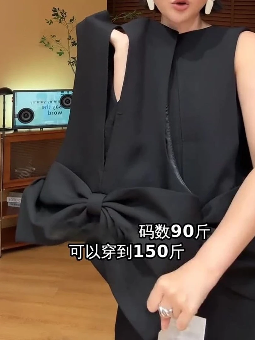 法式气质优雅立体蝴蝶结黑色无袖上衣2025年夏季独特小众设计感女