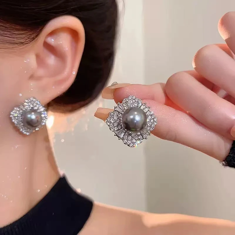 铜合金耳饰 奢华女几何灰色耳钉耳饰优雅简约设计感法式百搭1496