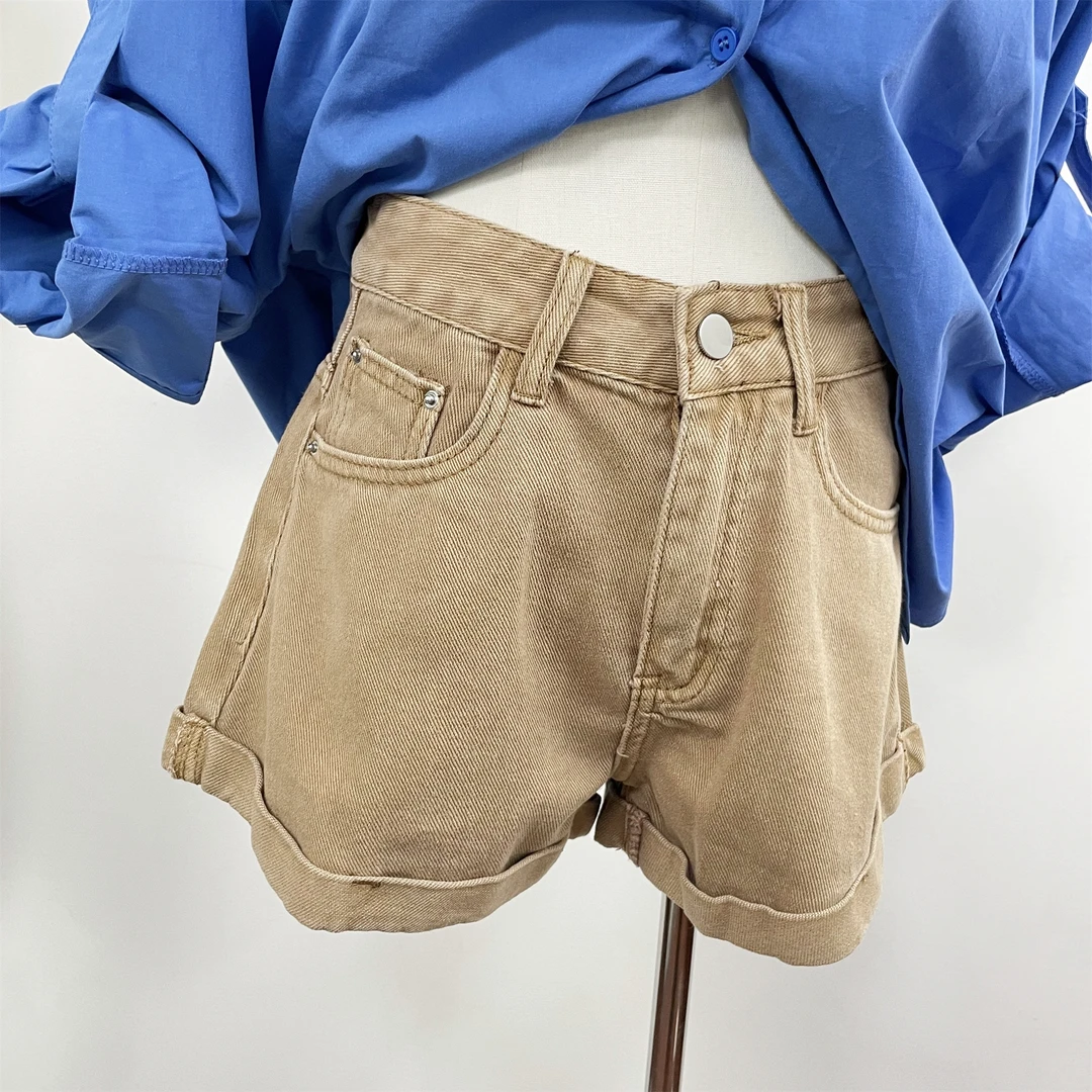 韩系休闲百搭高腰卡其色牛仔短裤女2025春夏新款显瘦阔腿裤热裤