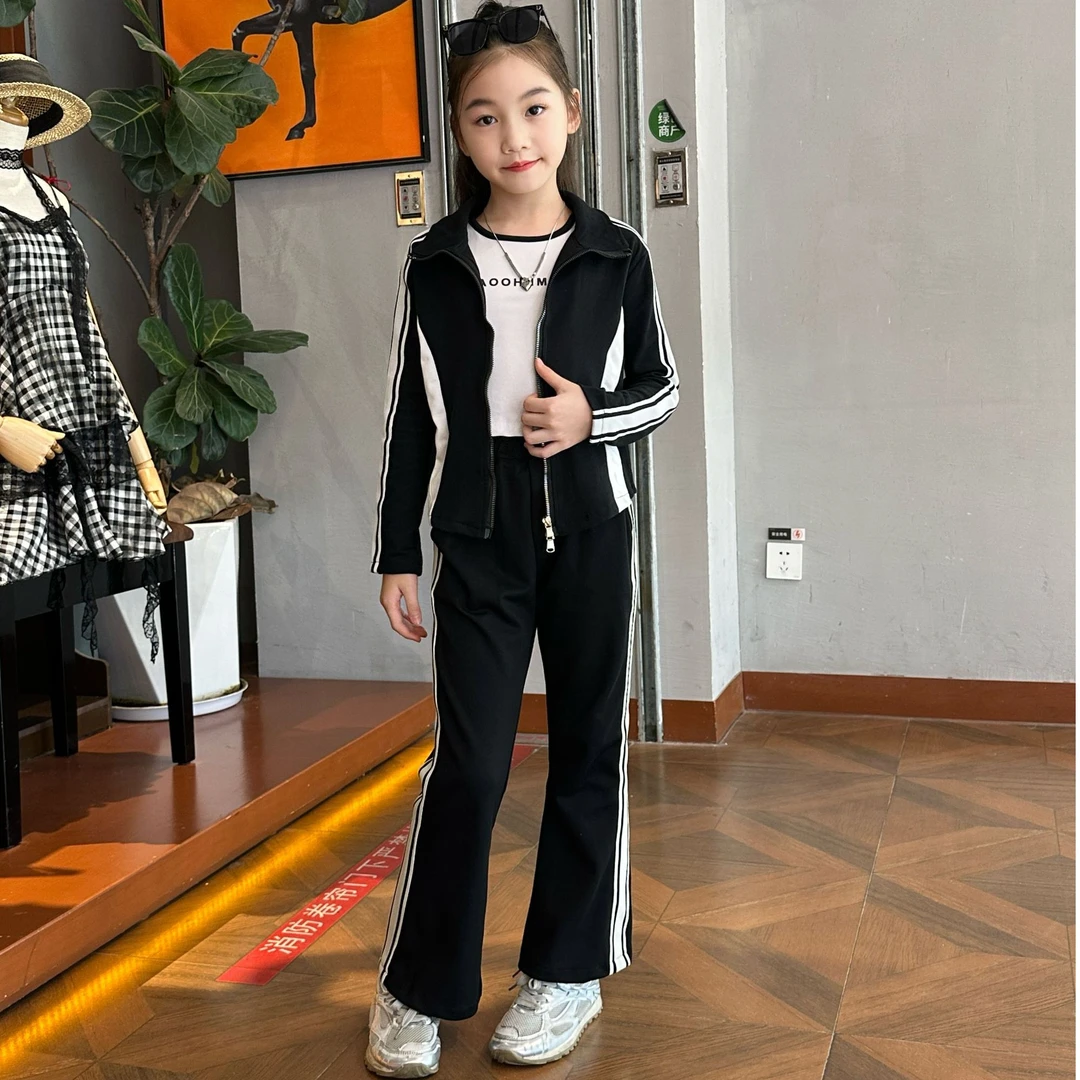女童秋季休闲拉链百搭春秋拼色套装2025新款中大童洋气时尚套装