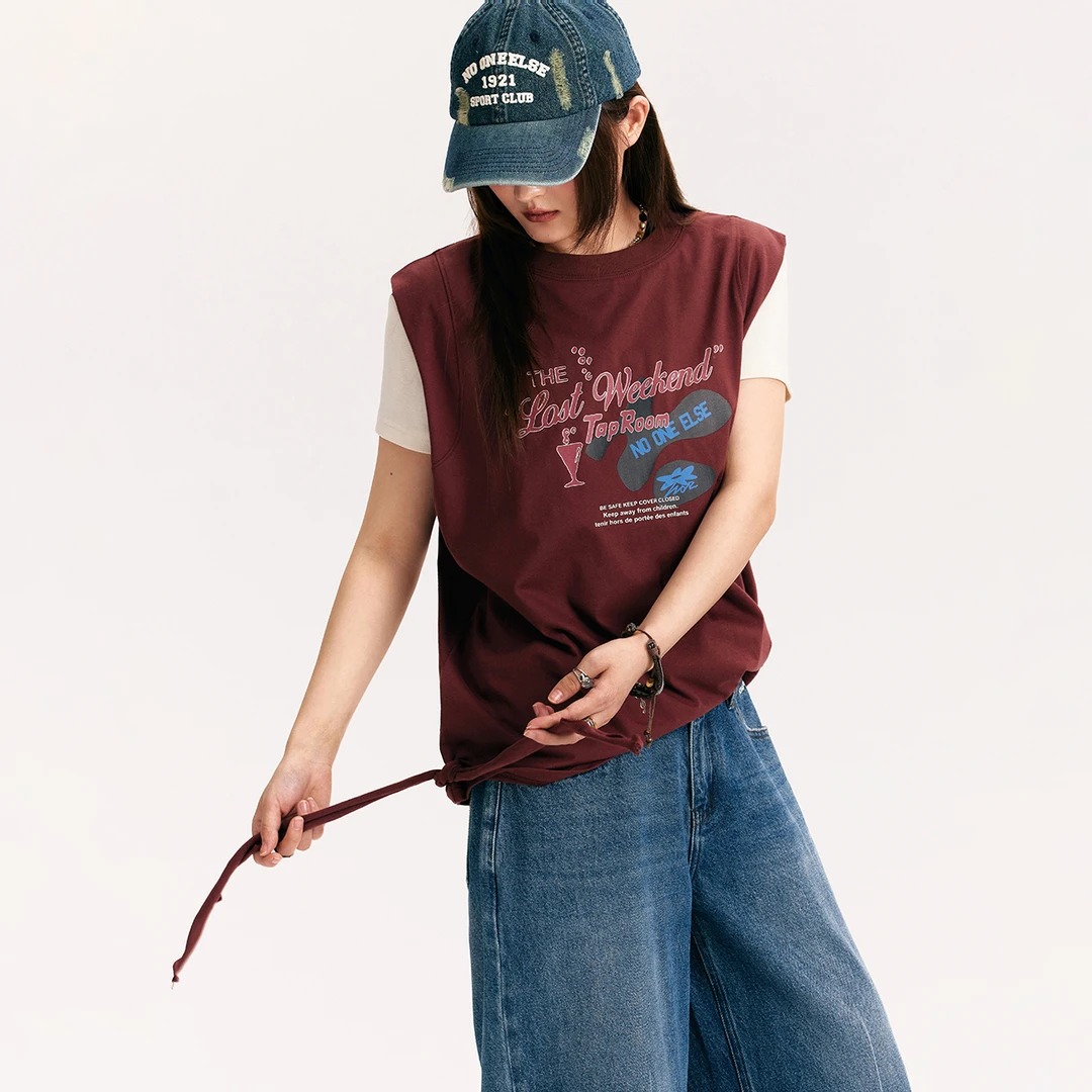 NO ONE ELSE美式复古女装夏季系带外穿套头无袖上衣字母印花背心