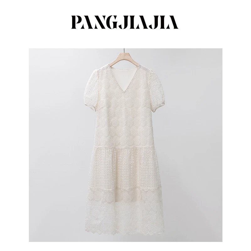 【胖佳佳】初恋月光 短袖连衣裙女夏季欧根纱刺绣中长裙HQ350097