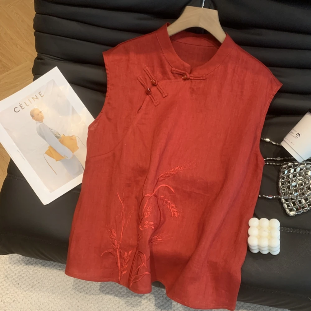 2025夏季无袖新中式立领刺绣薄款衬衫时尚女装女士上衣套头T恤