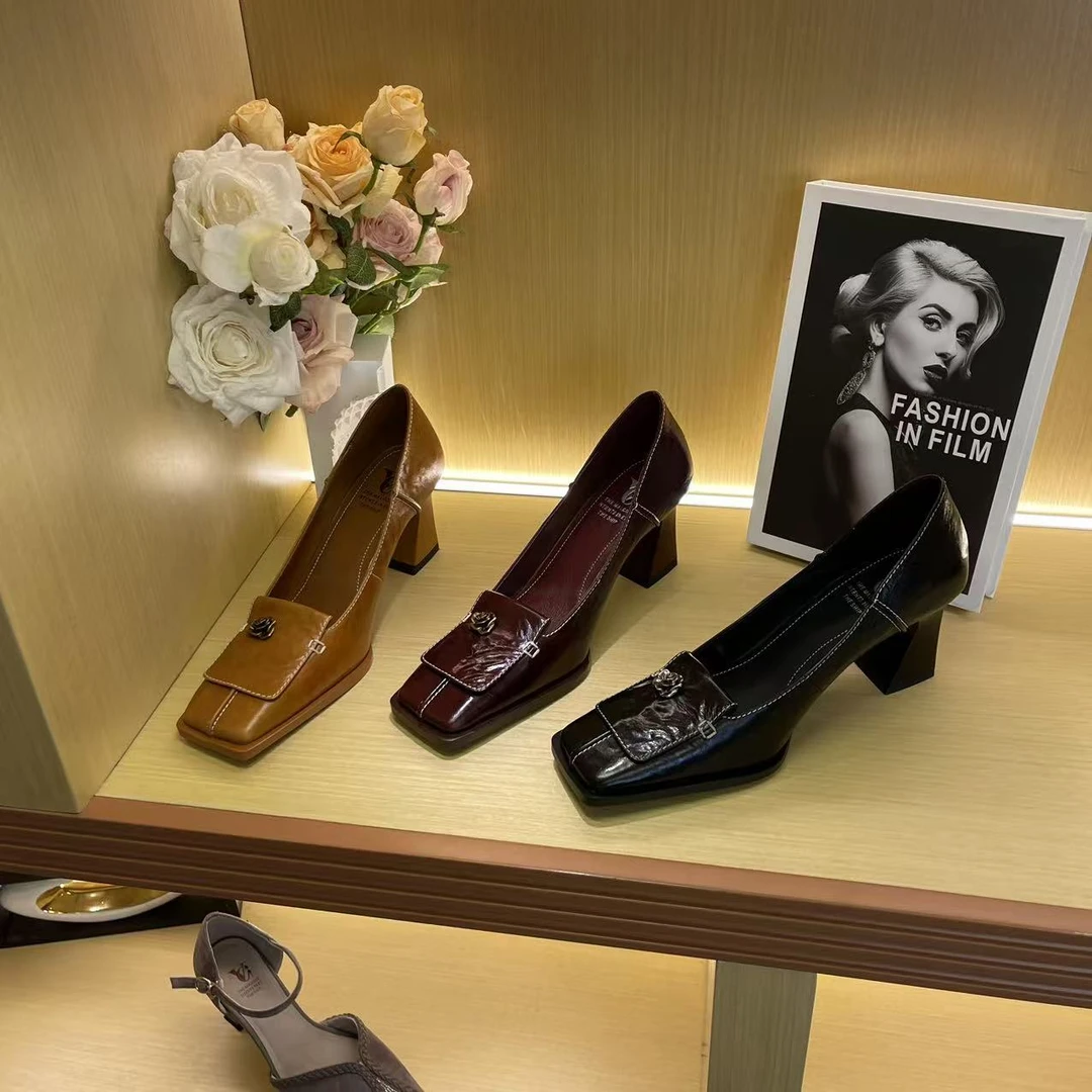 1479【灵光】新款方头高跟纯手工真皮单鞋轻奢鞋子跟高C【6CM】