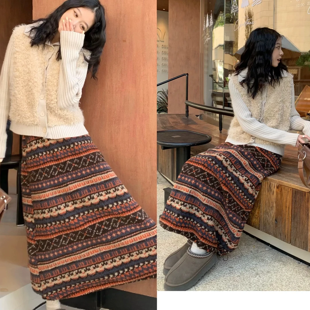 韩版复古春秋季休闲穿搭女费尔岛半身裙甜美穿搭