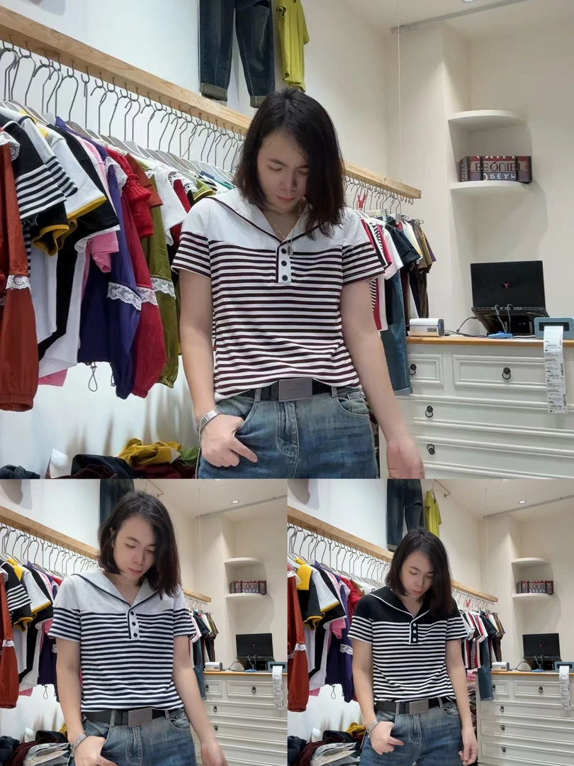 时尚法式气质减龄条纹拼接短袖T恤女洋气显瘦上衣55817