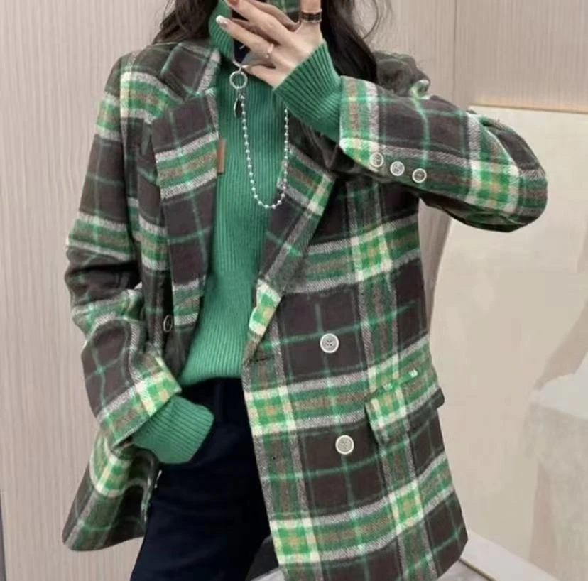 Z2882 2025年春秋季新款时尚翻领宽松长袖格子西装女外套