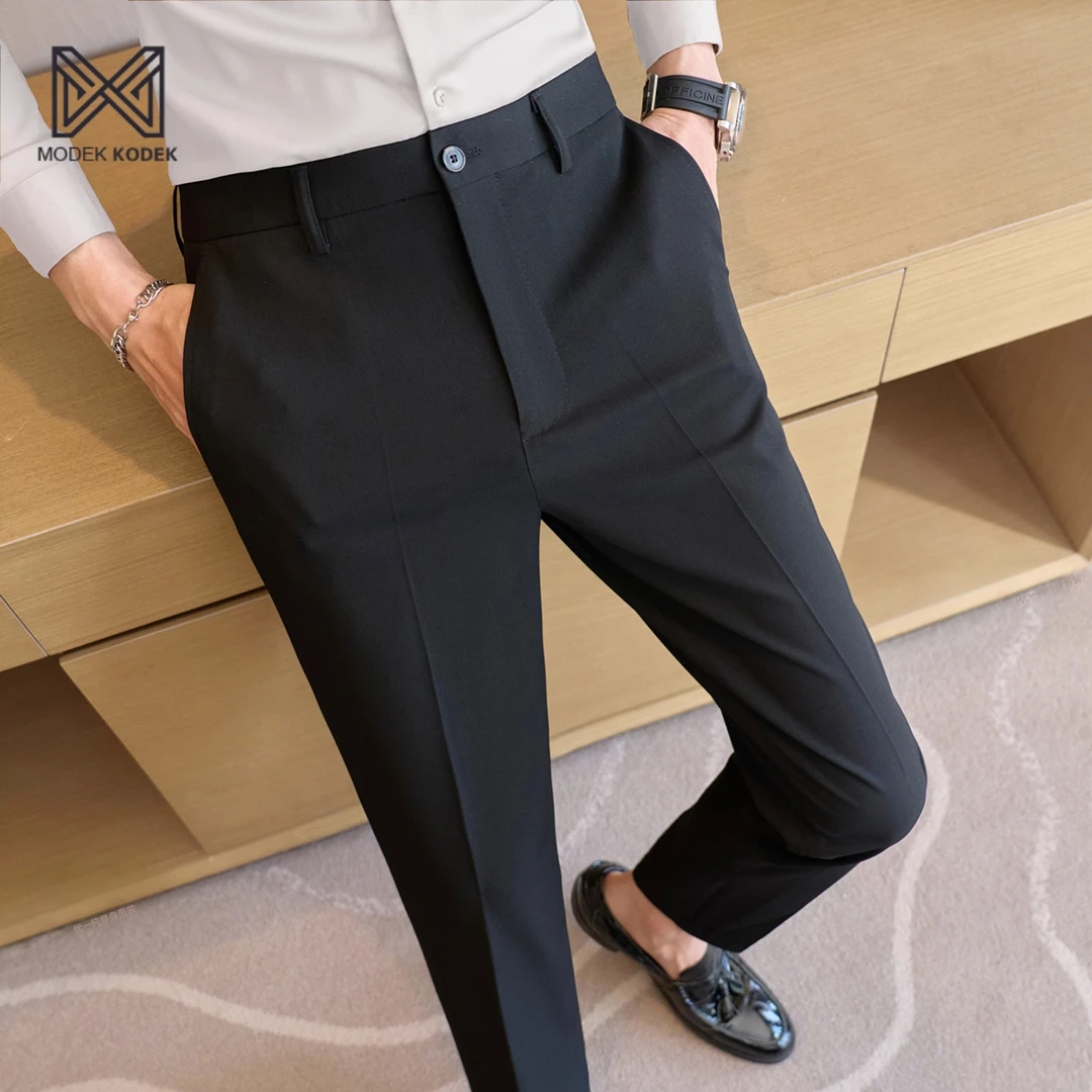 MODEK KODEK黑色裤子男休闲西裤修身韩版长裤免烫抗皱西装裤纯色