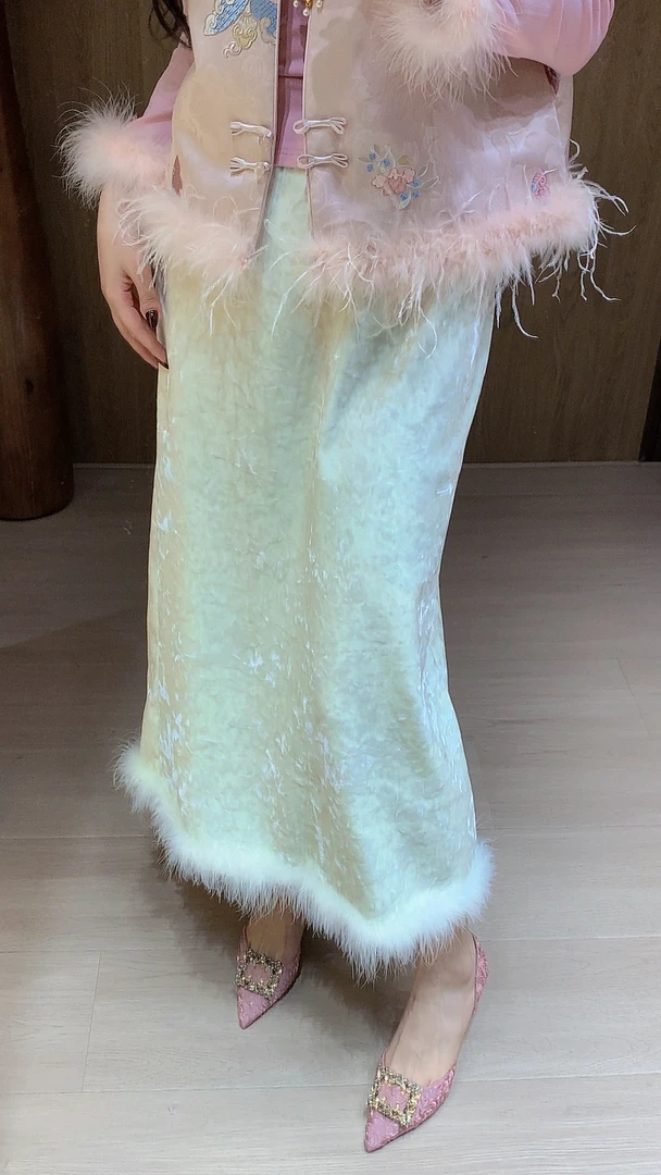 【驼鸟毛丝绒裙】新中式国风纯色驼鸟毛丝绒裙半身裙裙子女